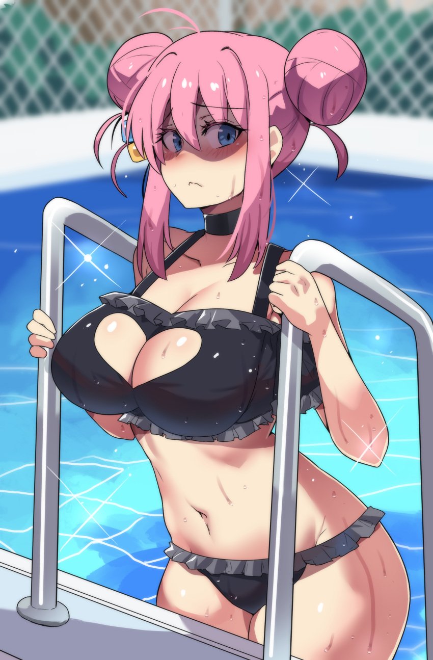 1girls ahoge big_breasts bikini blush bocchi_the_rock! choker cleavage cleavage_cutout female female_only getting_out_of_pool gotou_hitori hair_bun hair_ornament hinghoi hourglass_figure pink_hair pool princesshinghoi shaded_face solo swimsuit thin_waist wet wet_body wet_skin