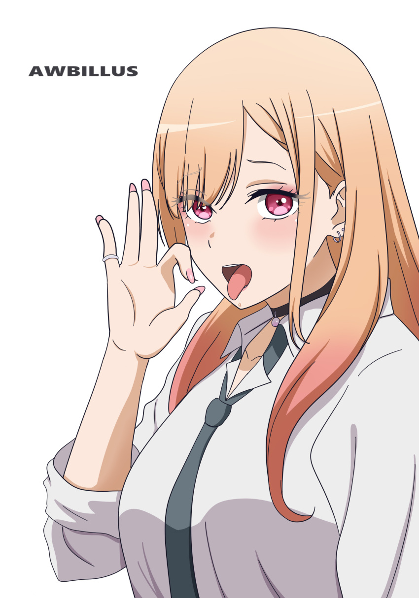 1girls absurdres artist_name awb blonde_hair choker collarbone earrings fellatio_gesture female female_only highres kitagawa_marin long_fingernails long_hair looking_at_viewer nail_polish necktie open_mouth pink_fingernail_polish pink_nail_polish red_eyes ring school_uniform simple_background solo sono_bisque_doll_wa_koi_wo_suru tie tongue tongue_out white_background