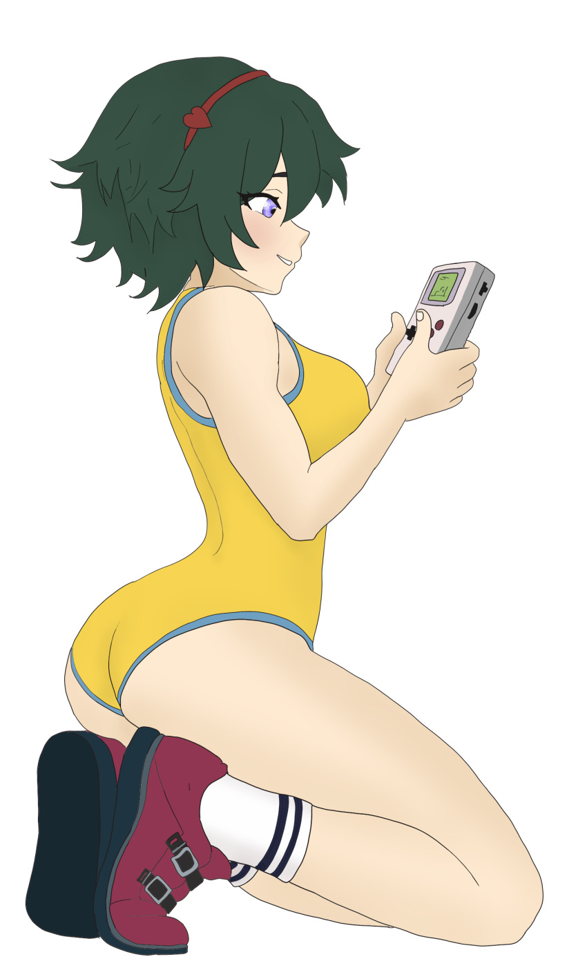 1girls aurel_cham black_hair blue_eyes cute gameboy gamer_girl hairband medium_breasts original original_artwork original_character socks_and_shoes softcore swimsuit yellow_swimsuit