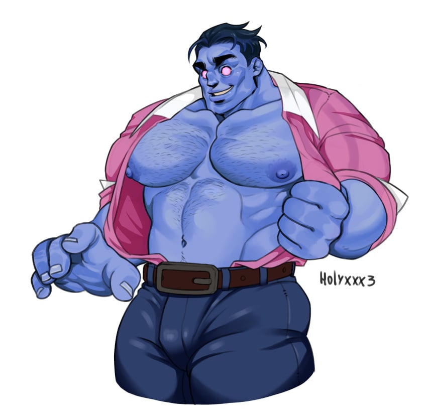 bara bulge_through_clothing exposed_torso flashing_breasts hairy_chest holyxxx3 league_of_legends male_only mundo_(league_of_legends) muscular_male purple_skin riot_games solo_male