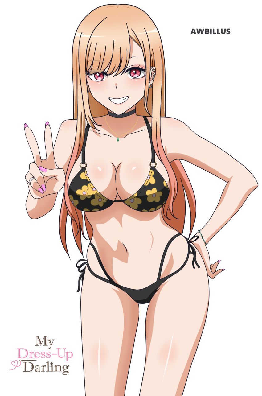 1girls absurdres artist_name awb big_breasts bikini black_bikini blonde_hair choker cleavage collar collarbone ear_piercing earrings female female_only floral_print gyaru hand_on_own_hip highres kitagawa_marin large_breasts long_fingernails long_hair nail_polish navel necklace peace_sign piercing pink_fingernail_polish pink_nail_polish red_eyes ring side-tie_bikini_bottom simple_background smile solo sono_bisque_doll_wa_koi_wo_suru stomach string_bikini swimsuit teeth thighs v white_background