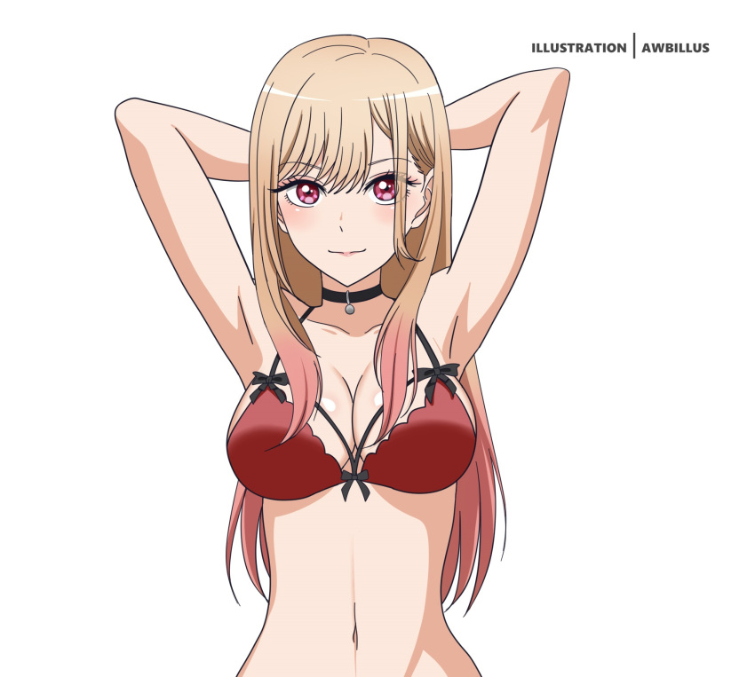 1girls armpits arms_behind_head awb big_breasts black_choker black_ribbon blonde_hair bow bow_bra bra choker cleavage closed_mouth collarbone female female_only gyaru highres kitagawa_marin large_breasts long_hair looking_at_viewer midriff navel red_bra red_eyes ribbon solo sono_bisque_doll_wa_koi_wo_suru stomach underwear upper_body white_background