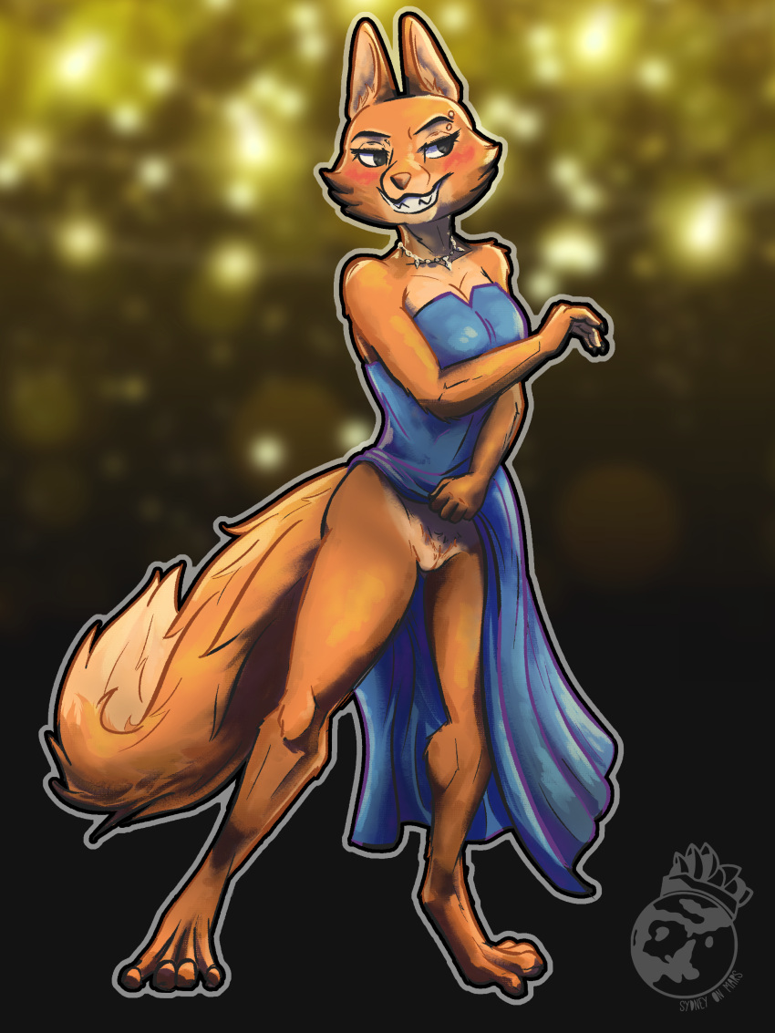 absurd_res anthro blue_clothing blue_dress blush canid canine classy clothed clothing diane_foxington digitigrade dreamworks dress exhibitionism fancy_clothing female flashing flashing_pussy fluffy fluffy_tail fox genitals hi_res jewelry mammal no_underwear pussy red_fox simple_background smile smirk solo solo_focus sydney_onmars tail the_bad_guys