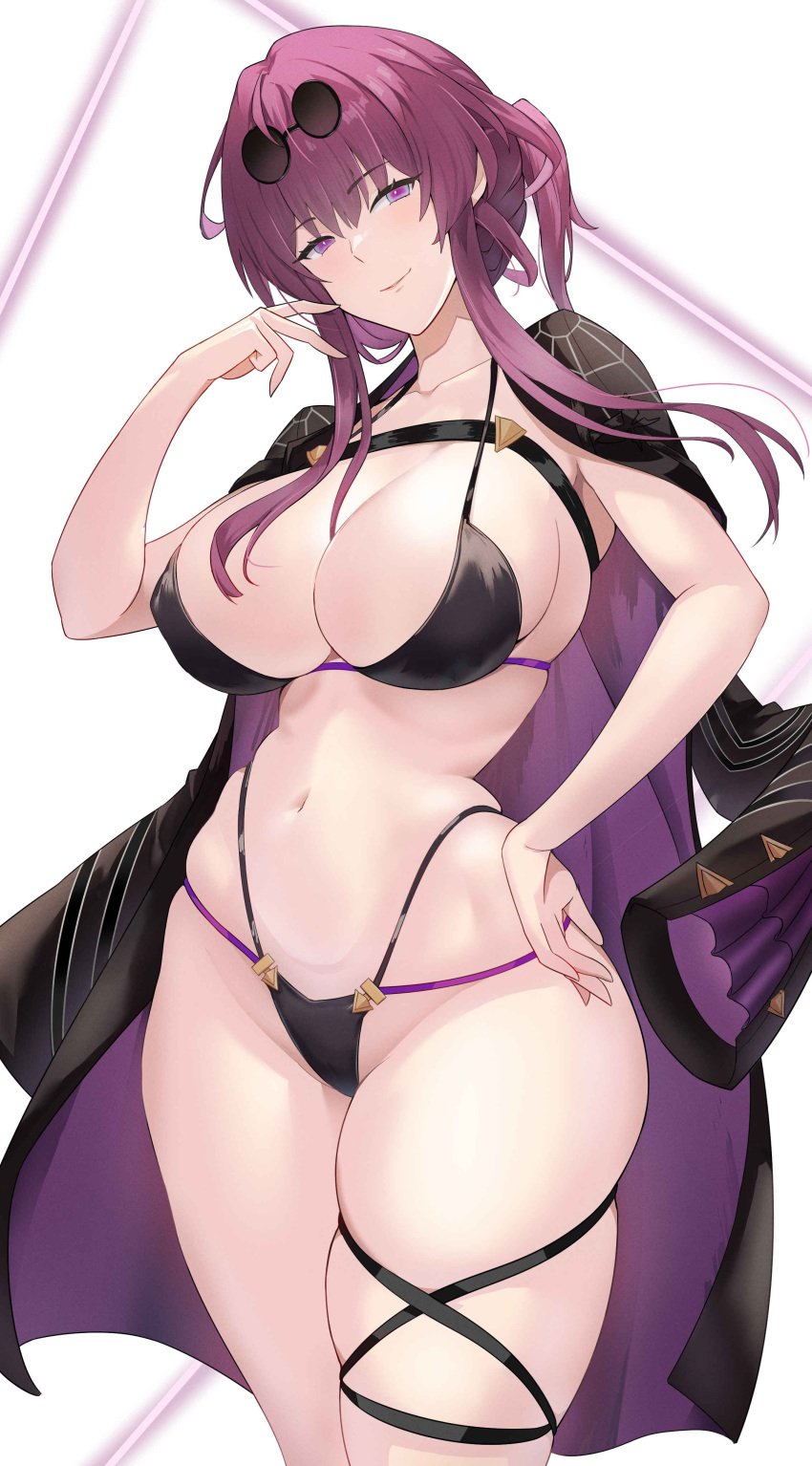 1girls big_breasts bikini bikini_bottom bikini_top black_bikini bottomwear breasts cleavage coat female female_only glasses glasses_on_head hair headwear honkai:_star_rail huge_breasts kafka_(honkai:_star_rail) open_coat purple_eyes purple_hair solo solo_female swimwear thick_thighs thigh_strap thighs topwear yu_nojisaan