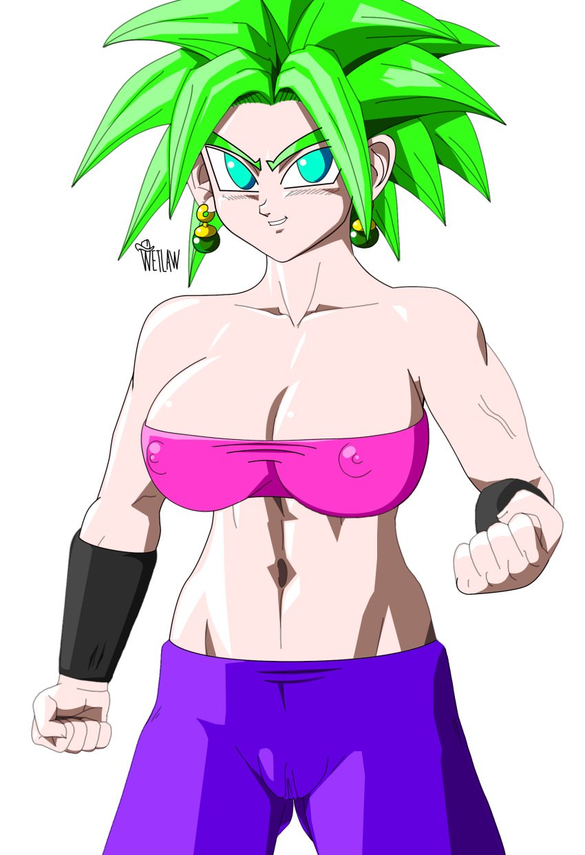 areolae arm_bands blue_eyes breasts clenched_fists dragon_ball dragon_ball_super female female_focus female_only fusion green_hair kefla legendary_super_saiyan light-skinned_female light_skin looking_at_viewer muscular muscular_female nipples potara_earrings pussy smiling spiky_hair super_saiyan super_saiyan_2 tight_clothes tight_clothing vagina watermark wetlaw