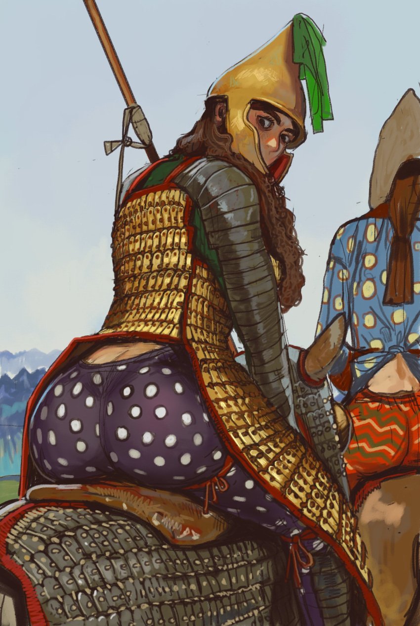 2girls armor ass big_ass brown_eyes brown_hair cataphract clothed curly_hair exposed_back female female_only female_warrior fully_clothed helmet horse horse_armor horseback horseback_riding lamellar_armor long_hair looking_back manica_(armor) mossa pattern_bottomwear pattern_clothing phrygian_cap phrygian_helmet plate_armor plume scale_armor scythia scythian