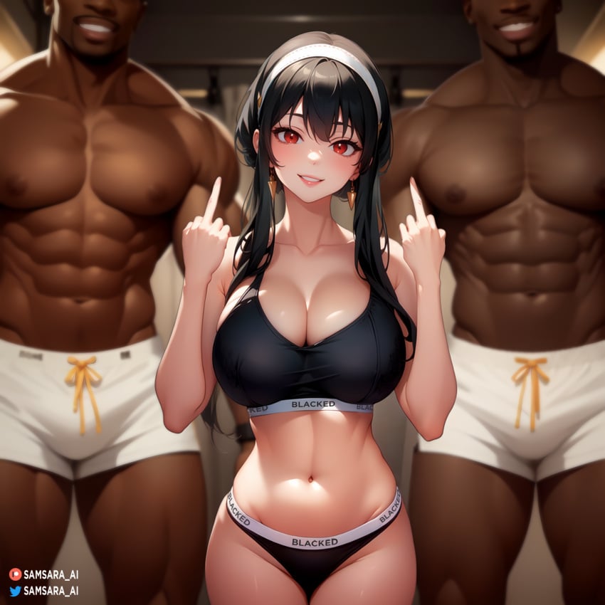 1girls 2boys ai_generated big_breasts black_hair blacked blacked_clothing cheating cheating_wife dark-skinned_male double_middle_finger flipping_off flipping_the_bird flipping_viewer_off imminent_sex interracial light-skinned_female middle_finger muscular_male netorare ntr pale-skinned_female red_eyes samsara_ai smile smiling spy_x_family straight uncanny_valley yor_briar yor_forger