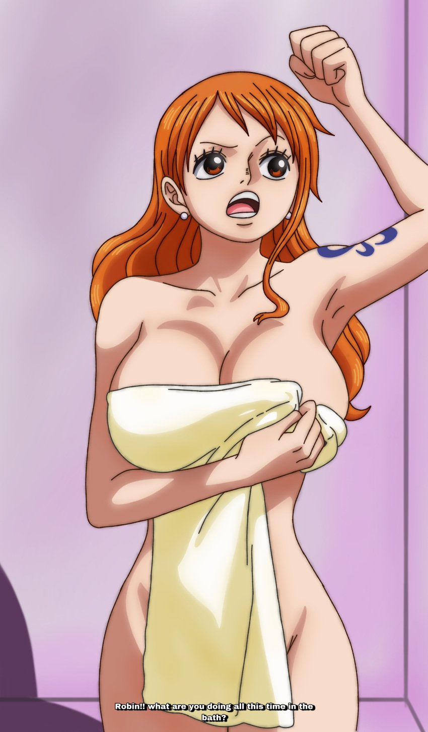 accurate_art_style bath dialogue female female_only naked nami one_piece post-timeskip rao_jackman talking towel towel_only