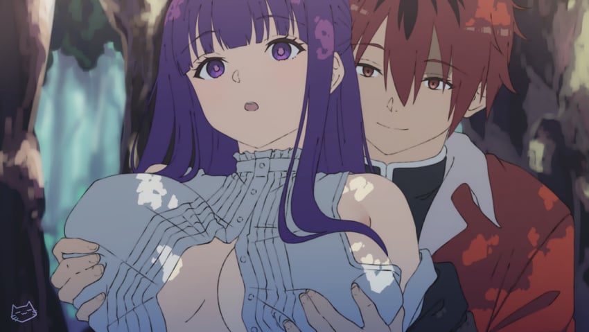 1boy 1girls accurate_art_style breast_grab breasts eyebrows_visible_through_hair fern_(sousou_no_frieren) fondling fondling_breast forest groping_breasts groping_from_behind hime_cut huge_breasts keihh outdoors purple_eyes purple_hair red_coat red_hair smile sousou_no_frieren stark_(sousou_no_frieren) surprised surprised_expression tree