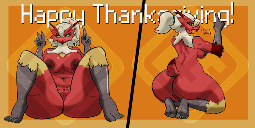 absurd_res anthro back_view big_breasts blaziken breasts diamond_grenadier female front_view generation_3_pokemon gesture hair hi_res holidays middle_finger muscular muscular_female nintendo pokemon pokemon_(species) ponytail profanity rear_view solo thanksgiving tied_hair