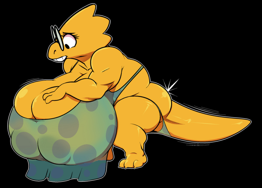 2017 alphys anthro big_breasts black_background breasts buckteeth clothed clothing colored eyewear female glasses huge_breasts hyper hyper_breasts lizard non-mammal_breasts reptile sbshouseofpancakes scalie simple_background slightly_chubby solo teeth undertale undertale_(series)