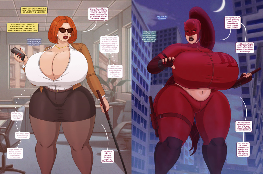 1girls bimbo blind breasts_bigger_than_head cleavage daredevil daredevil_(series) huge_breasts hyper_bimbo marvel marvel_comics matt_murdock red_hair rule_63 saturnxart speech_bubble sunglasses superheroine text_bubble thick_thighs wide_hips