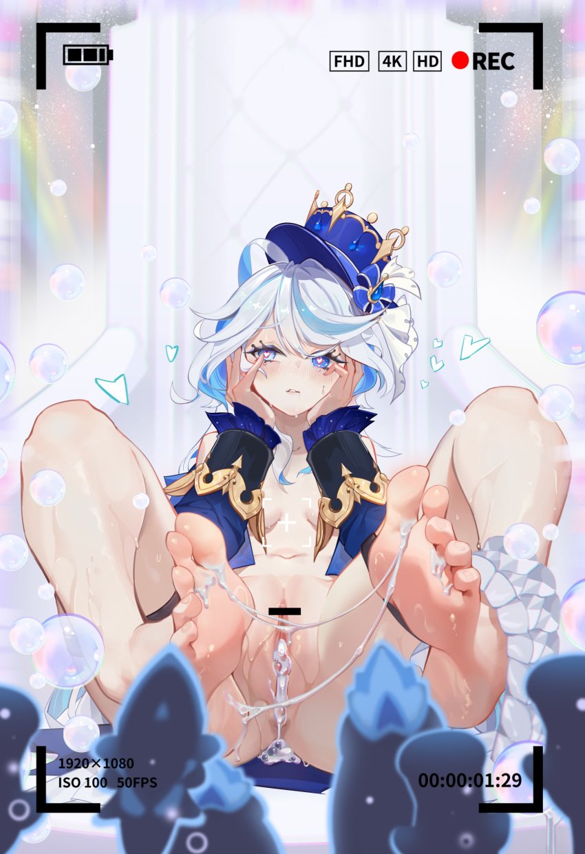 912637808 absurdres ahoge air_bubble bare_legs barefoot blue_eyes blue_hair blue_headwear blush breasts bubble censored cum cum_in_pussy cum_inside cum_on_feet feet female full_body furina_(genshin_impact) furrowed_brow genshin_impact hair_between_eyes hands_on_own_cheeks hands_on_own_face hat heart heart-shaped_pupils heterochromia highres legs light_blue_hair liquid long_hair medium_breasts multicolored_hair navel pussy recording sidelocks sitting solo spread_legs stomach suggestive_fluid symbol-shaped_pupils toenails toes two_tone_hair wet white_hair