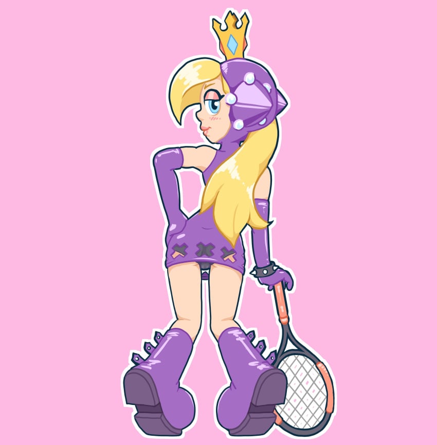 black_panties blonde_hair blue_eyes crown hair hand_on_hip human hyperjerk latex latex_boots latex_clothing latex_dress latex_gloves mario_(series) mario_tennis pantyshot pink_background purple_boots purple_clothing purple_dress purple_latex rear_view standing_on_tip_toes tennis_racket wapeach