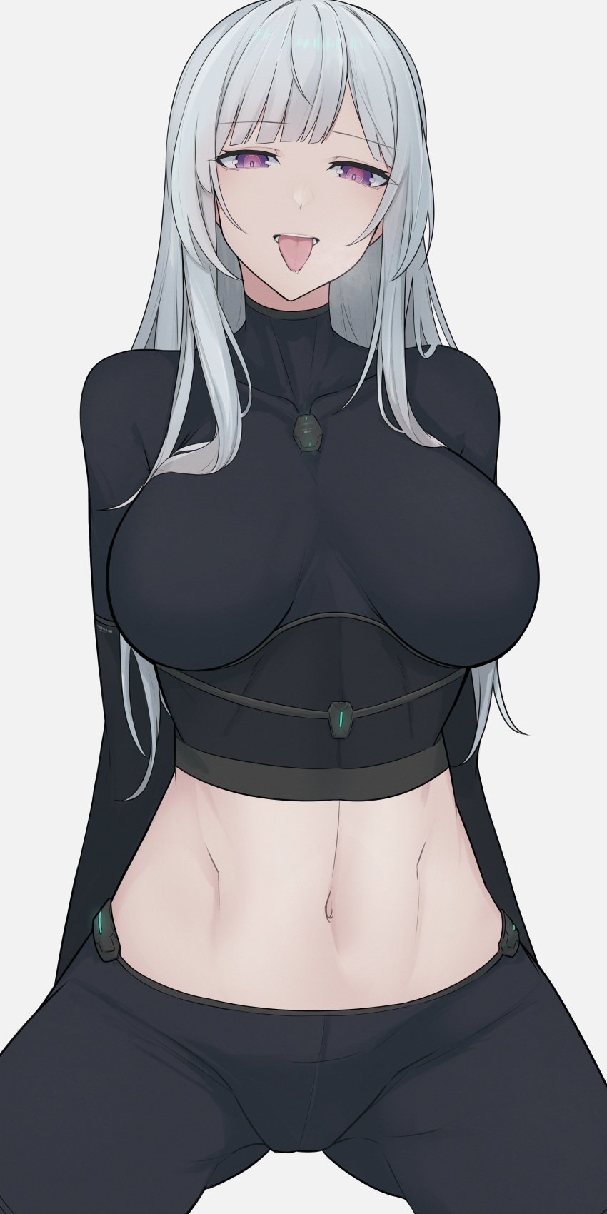 absurdres ak-12_(girls'_frontline) arms_behind_back black_pants breasts collarbone covered_collarbone crop_top cropped_shirt female girls'_frontline grey_hair highres impossible_clothes impossible_shirt large_breasts long_hair long_sleeves looking_at_viewer midriff navel open_mouth pants purple_eyes re1kirisaki342 saliva_drip shirt simple_background solo stomach teeth tongue tongue_out unusually_open_eyes upper_body white_background