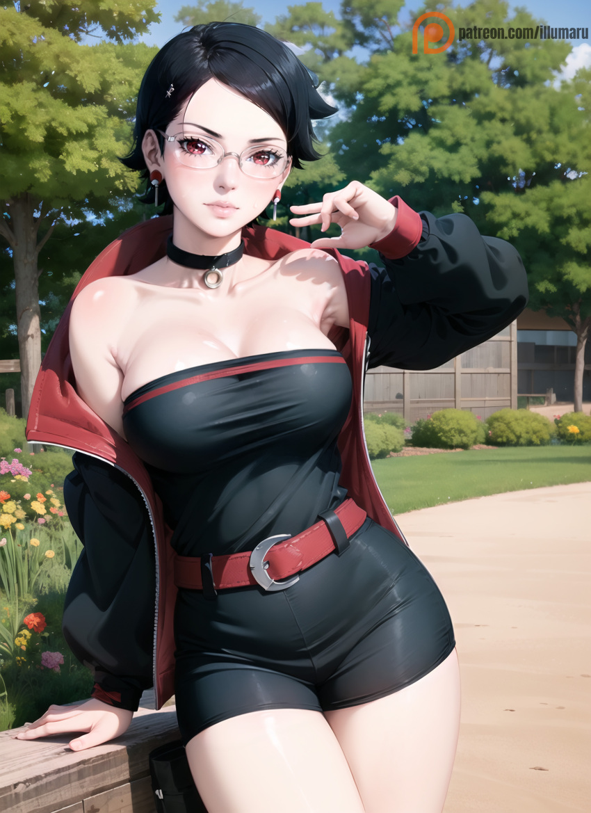 2023 ai_generated bangs bare_shoulders black_choker black_eyes black_hair black_jacket boruto:_naruto_next_generations boruto:_two_blue_vortex breasts choker cleavage closed_mouth collarbone cowboy_shot detailed earrings female glasses hi_res hourglass_figure illumaru jacket jewelry large_breasts lips long_sleeves looking_at_viewer medium_breasts naruto naruto_(series) navel off_shoulder open_clothes open_jacket outdoors posing sarada_uchiha sharingan shiny shiny_skin short_hair skindentation slim_waist smile solo stable_diffusion standing stomach strapless thick_thighs thigh_strap thighs uchiha_sarada zipper zipper_pull_tab