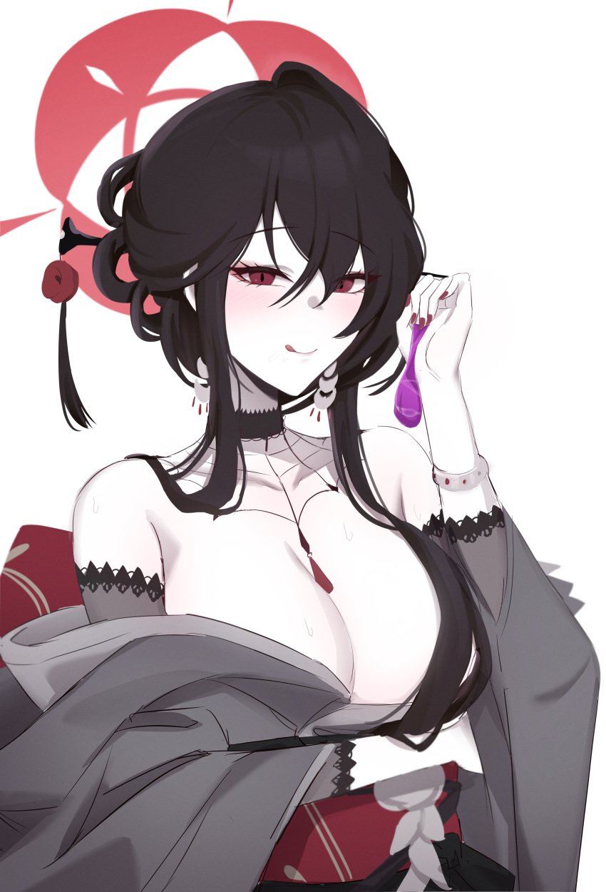 :q absurdres allied_hyakkiyako_academy_student bare_shoulders black_choker black_hair blue_archive breasts choker cleavage condom female fingernails grey_kimono hair_between_eyes hair_ornament hair_stick halo highres holding holding_condom japanese_clothes kimono kisa_(leg3043) kokuriko_(blue_archive) large_breasts long_hair looking_at_viewer nail_polish obi red_eyes red_halo red_nails revision sash tongue tongue_out used_condom