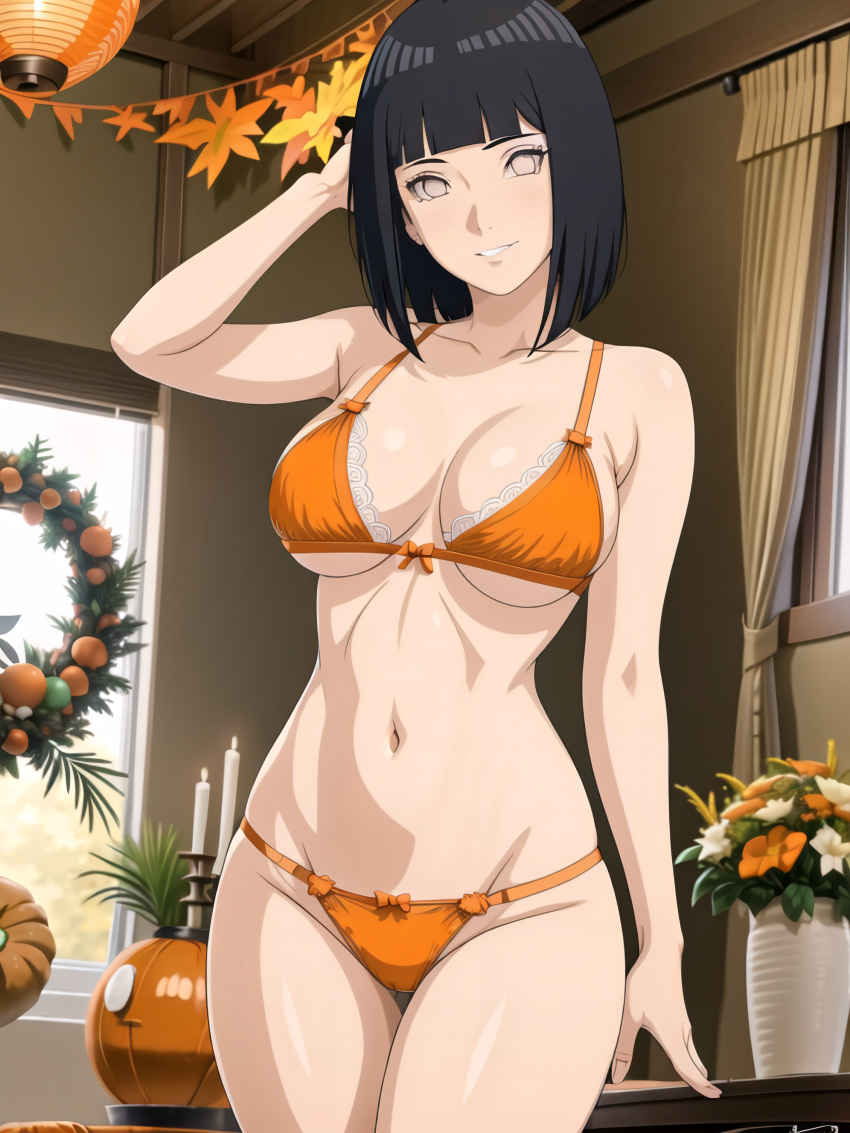 1girls ai_generated black_hair boruto:_naruto_next_generations busty curvy female hi_res highres holidays hyuuga_hinata lingerie living_room milf naruto pixai short_hair skinny smile thanksgiving white_eyes