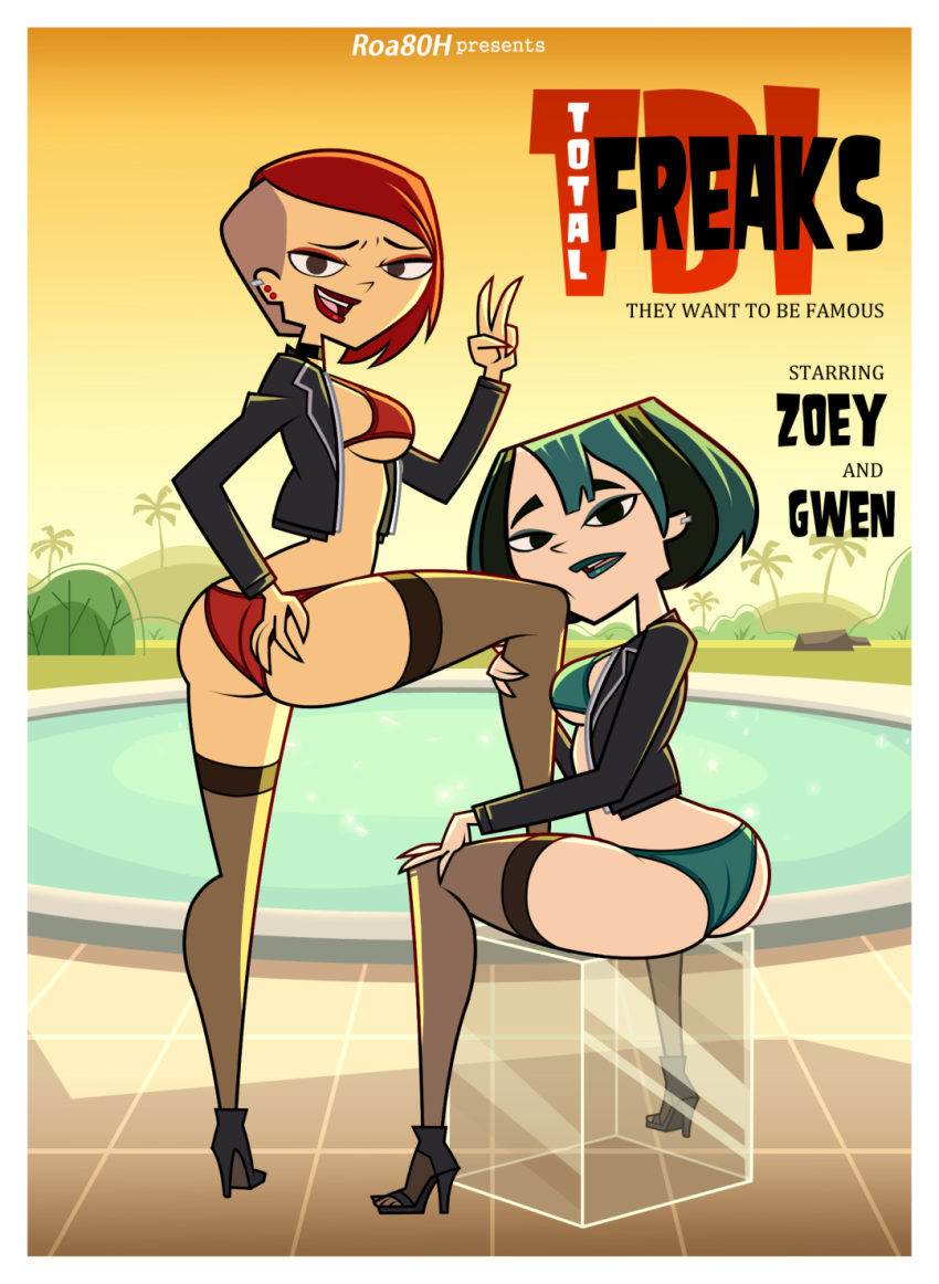 2girls accurate_art_style ass bikini ear_piercing goth green_hair gwen_(tdi) high_heels jacket lipstick peace_sign pool red_hair roa80h stockings sunset total_drama_island zoey_(tdi)