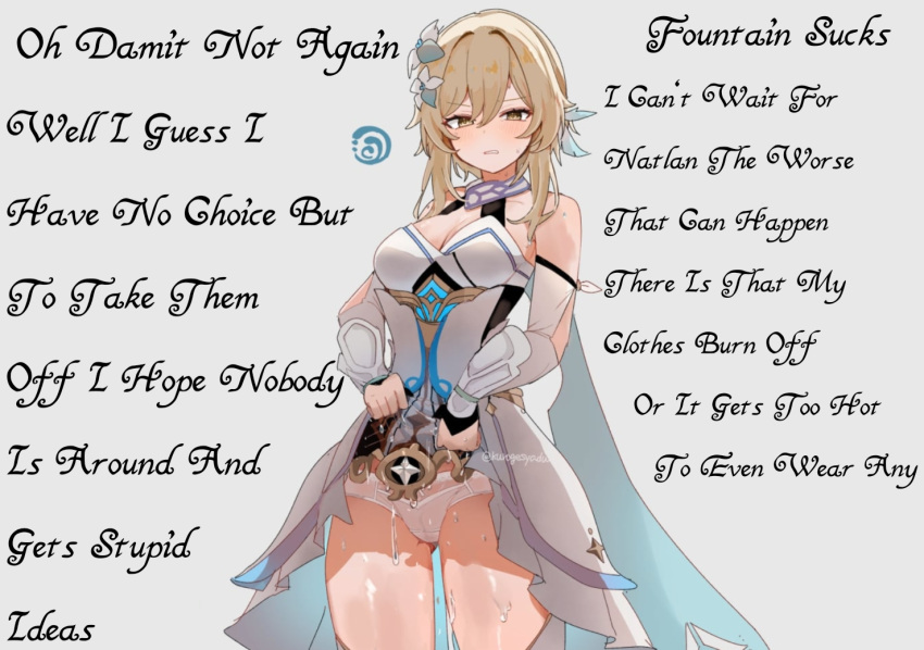 english_text fountain fourth_descender genshin_impact lumine_(genshin_impact) panties protagonist text wet_clothes wet_panties