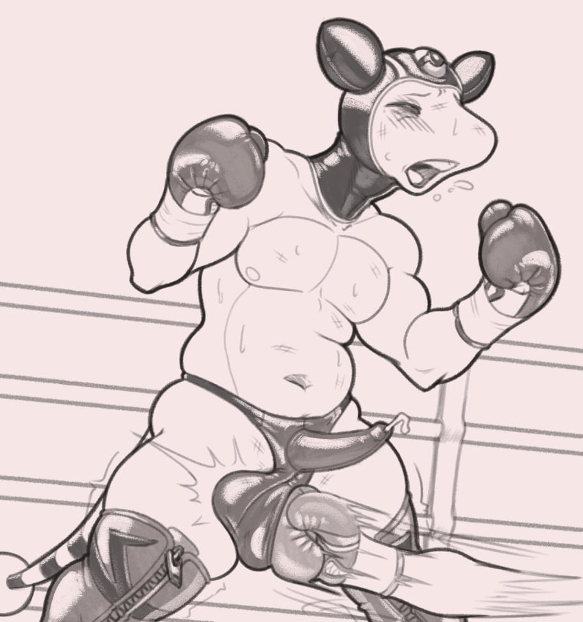 2023 ampharos anthro ball_punching ballboxing ballbusting balls balls_outline blush bodily_fluids boots boxing boxing_gloves clothed clothing cock_and_ball_torture cock_sheath dcheese digital_media_(artwork) disembodied_hand erection erection_under_clothing fighting_ring footwear generation_2_pokemon genital_fluids genital_outline genital_torture genitals handwear hi_res leather leather_clothing leather_headgear legwear male monochrome nintendo pained_expression penis penis_clothing pokemon pokemon_(species) precum slightly_chubby solo sport thigh_boots thigh_highs thong underwear