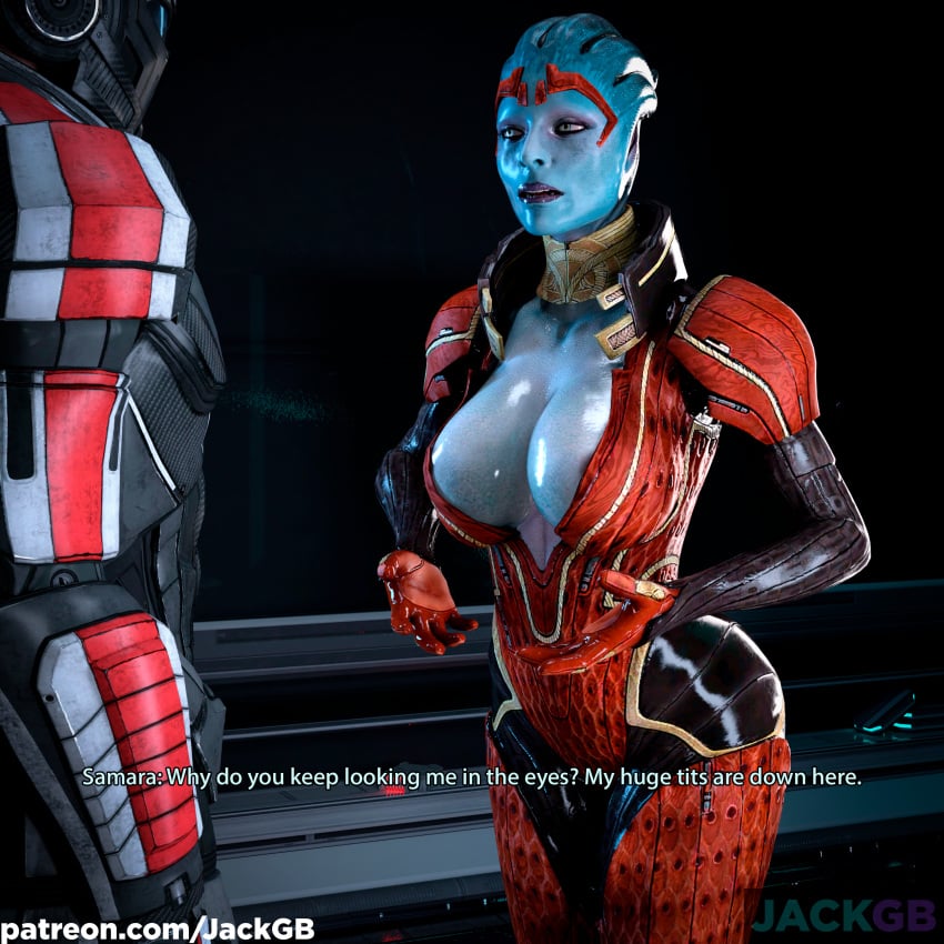 1boy 1girls 3d alien alien_girl armor asari athletic_female athletic_male big_breasts blue_skin bodysuit breasts cleavage commander_shepard daz3d dialogue dressed english_text female female_focus game gold_(metal) grey_eyes humor indoors jackgb light-skinned_male light_skin mass_effect mass_effect_2 mature_female my_tits_are_down_here no_hair no_sex parody red_clothing samara sci-fi shiny_skin space spacesuit suit tagme text window