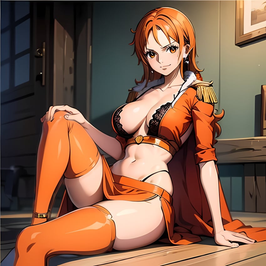 1girls ai_generated alternate_costume big_breasts epaulettes female female_only huge_breasts lace lace_trim large_breasts legwear looking_at_viewer nami nami_(one_piece) notacthulhu one_piece orange_clothing orange_hair orange_legwear post-timeskip smile tagme