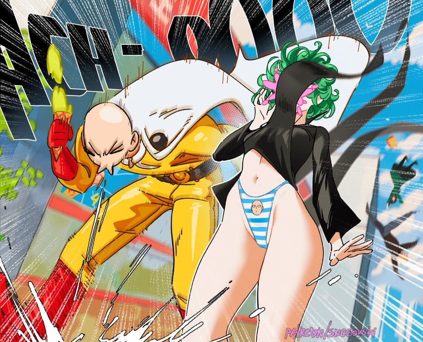 1girls artist_name artist_signature assisted_exposure background background_character background_characters bald bald_man belt belt_buckle black_dress boots cape city_background cloud clouds curly_hair dress dress_lift explosion female flying fubuki_(one-punch_man) funny gloves green_eyes green_hair ice_cream ice_cream_cone king_(one-punch_man) male messy_hair one-punch_man outdoors outside red_boots red_gloves saitama sky sneeze snegovski suit superhero_costume tatsumaki thong tongue tongue_out underwear yellow_suit