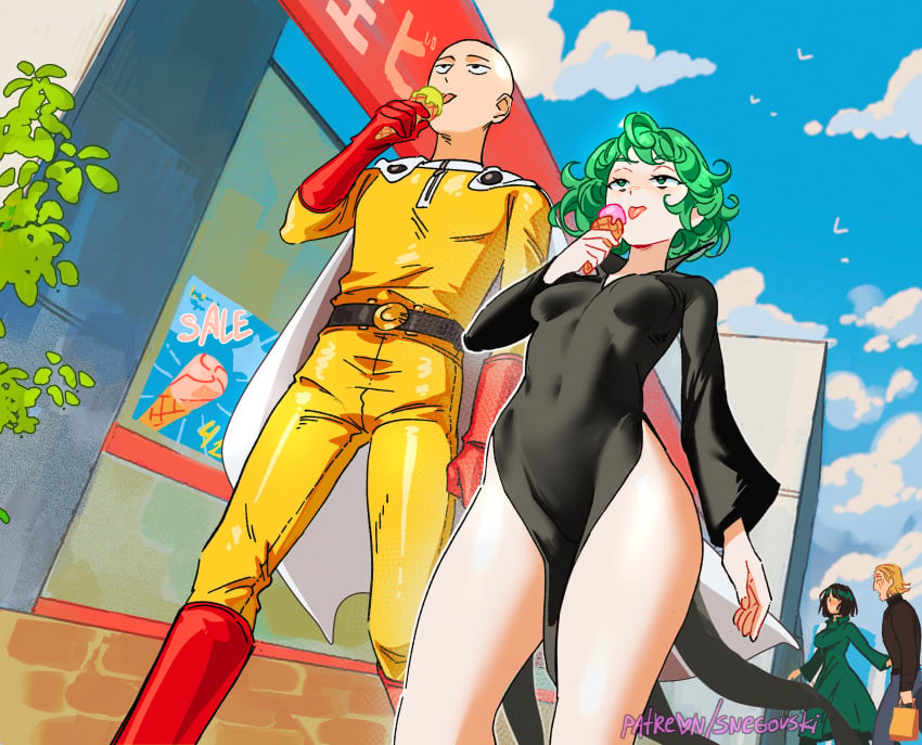 1girls artist_name artist_signature background background_character background_characters bald bald_man belt belt_buckle black_dress boots cape city_background cloud clouds curly_hair distracted_boyfriend dress female fubuki_(one-punch_man) gloves green_eyes green_hair ice_cream ice_cream_cone king_(one-punch_man) male messy_hair one-punch_man outdoors outside red_boots red_gloves saitama sky snegovski suit superhero_costume tatsumaki tongue tongue_out walking yellow_suit