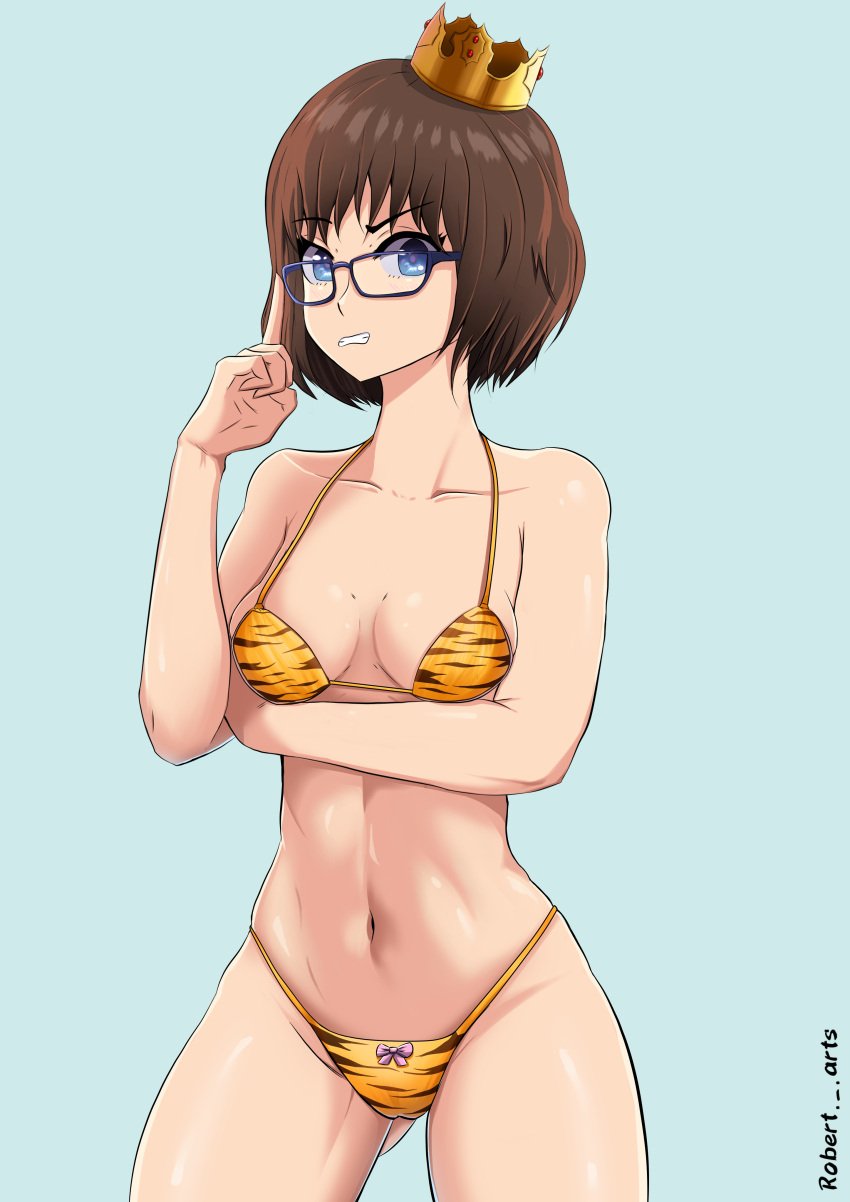 1girls beelceteam bikini darkraimola female female_only glasses hourglass_figure rule_63 short_hair smile solo spanish_text thick_thighs tiger_bikini tomboy tsundere twitch youtube youtube_hispanic