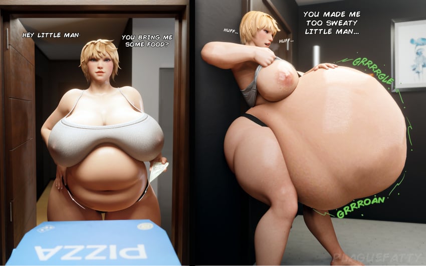 1boy 1girls 2_panel_comic 3d 3d_(artwork) apex_legends areolae bbw belly big_ass blender blender_(software) blonde_hair blue_eyes chubby delivery_employee dialogue digestion double_belly fat female female_focus female_pred huge_breasts leaning_against_wall leaning_back lifting_shirt male male_prey nipples nipples_visible_through_clothing out_of_breath out_of_frame pizza_box plaguefatty short_hair stomach_bulge stomach_noises sweating thick_thighs vore vore_belly wattson_(apex_legends)