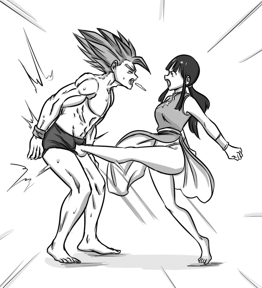 1boy ball_busting ballbusting bare_arms bare_legs bare_thighs barefoot bondage cbt chichi cock_and_ball_torture crotch_kick dragon_ball dress feet female femdom kick kicking legs long_hair ocigart panties skirt son_gohan standing standing_on_one_leg thighs traditional_clothes underwear