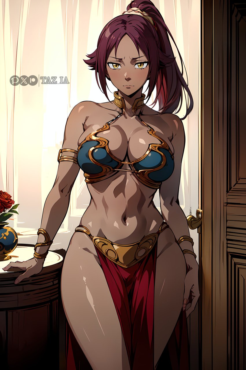 1girls ai_generated big_breasts bleach curvaceous dark-skinned_female disappointed_look female_only harem_outfit high_resolution hourglass_figure ponytail purple_hair shihouin_yoruichi slave_bikini slave_leia_(cosplay) solo tagme taz_ia yellow_eyes