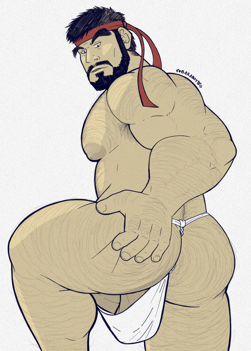 ass balls bara baraboy beard bulge capcom facial_hair fundoshi fundoshi_only headwear male male_only muscles muscular penis ryu_(street_fighter) solo solo_male street_fighter