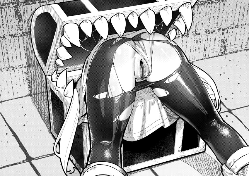 absurdres ass clothing_aside dress female frieren from_behind greyscale high-angle_view highres long_hair mimic mimic_chest monochrome orgoglioso_banane panties panties_aside pantyhose pussy sharp_teeth solo sousou_no_frieren stuck teeth torn_clothes torn_pantyhose uncensored underwear vore