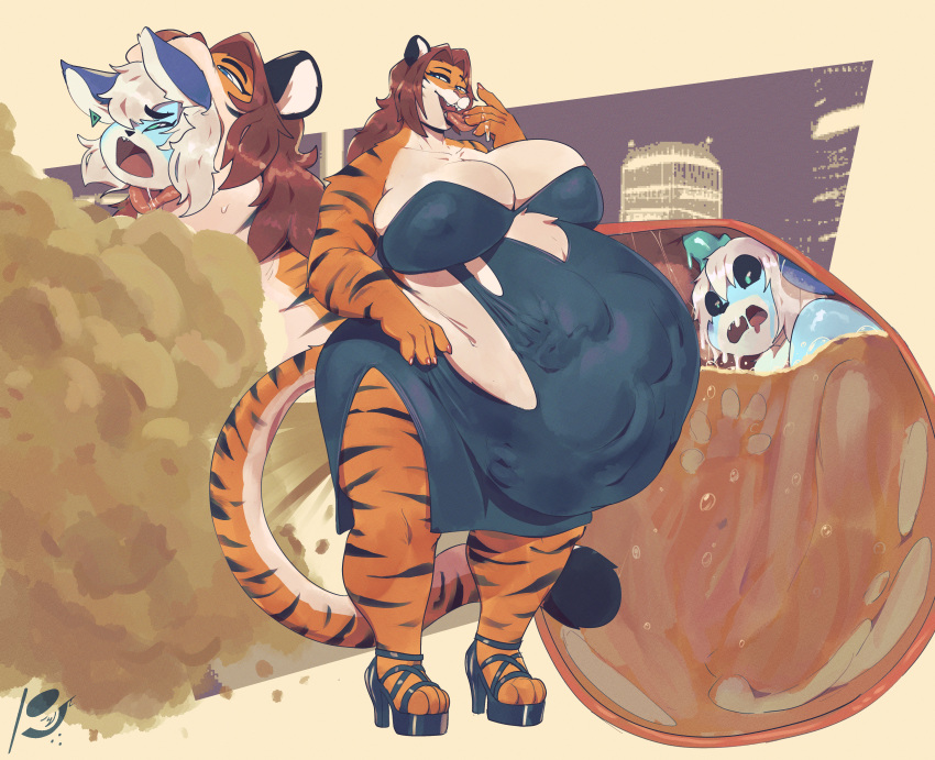 2023 absurd_res anthro blanketvoid blu_(bludoe) clothing curvy_figure custom_outfit digestion dress fart fart_cloud female female_pred furaffinity furry gas hi_res internal male male_prey mature_female oral_vore peculiart post-vore_farting post-vore_gas serona_shea tail tiger voluptuous vore wide_hips yiff