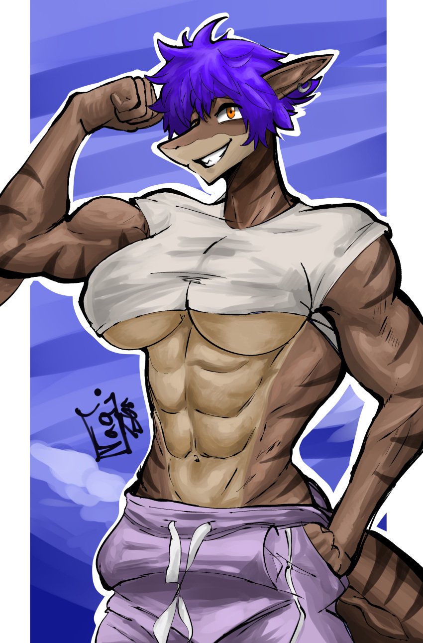 abs anthro biceps evangel_babango flexing flexing_bicep flexing_muscles gym_shorts muscular muscular_anthro muscular_female shark shark_girl shark_humanoid solo_female striped_body