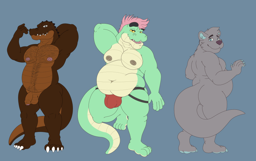 absurd_res alligator alligatorid anthro ass balls belly brown_body claws clothing crocodilian erection genitals green_body grey_body group hair hi_res jockstrap male male/male mammal moobs mustelid nipples nude otter overweight overweight_male penis pink_hair pondart_studios reptile scalie smile tail trio underwear vic_(victorystarz)