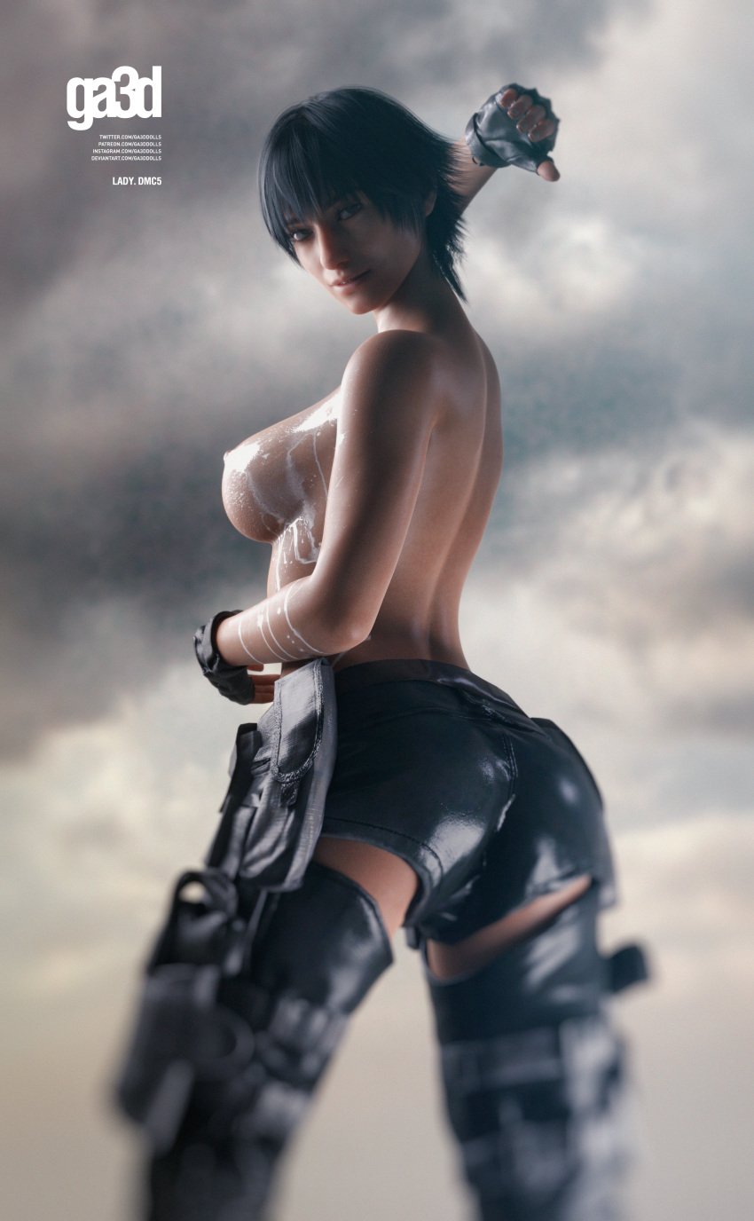 1girls 3d ass ass_focus back back_view bare_back bare_shoulders black_hair devil_may_cry devil_may_cry_5 exposed_back exposed_breasts female female_only fingerless_gloves ga3ddolls gloves lady_(devil_may_cry) long_boots medium_breasts milk milk_on_breasts pinup pointing_at_ass posing presenting_ass short_hair shorts solo solo_female topless wet wet_body wet_breasts