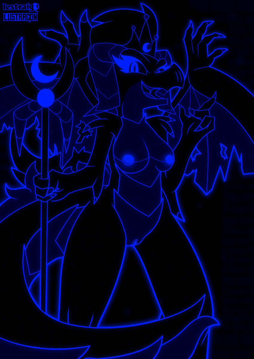 absurd_res anthro areola black_and_blue blue_body blue_eyes breasts crown dark_queen_(iestraig) demon demon_dragon digital_drawing_(artwork) digital_media_(artwork) dragon female fur genitals glowing glowing_body glowing_eyes glowing_genitalia glowing_nipples glowing_outline glowing_pussy hair headgear hi_res horn looking_at_viewer lustragon monochrome moon_symbol nipples nude open_mouth pussy scalie simple_background solo staff tail teeth unique_style winged_arms wings