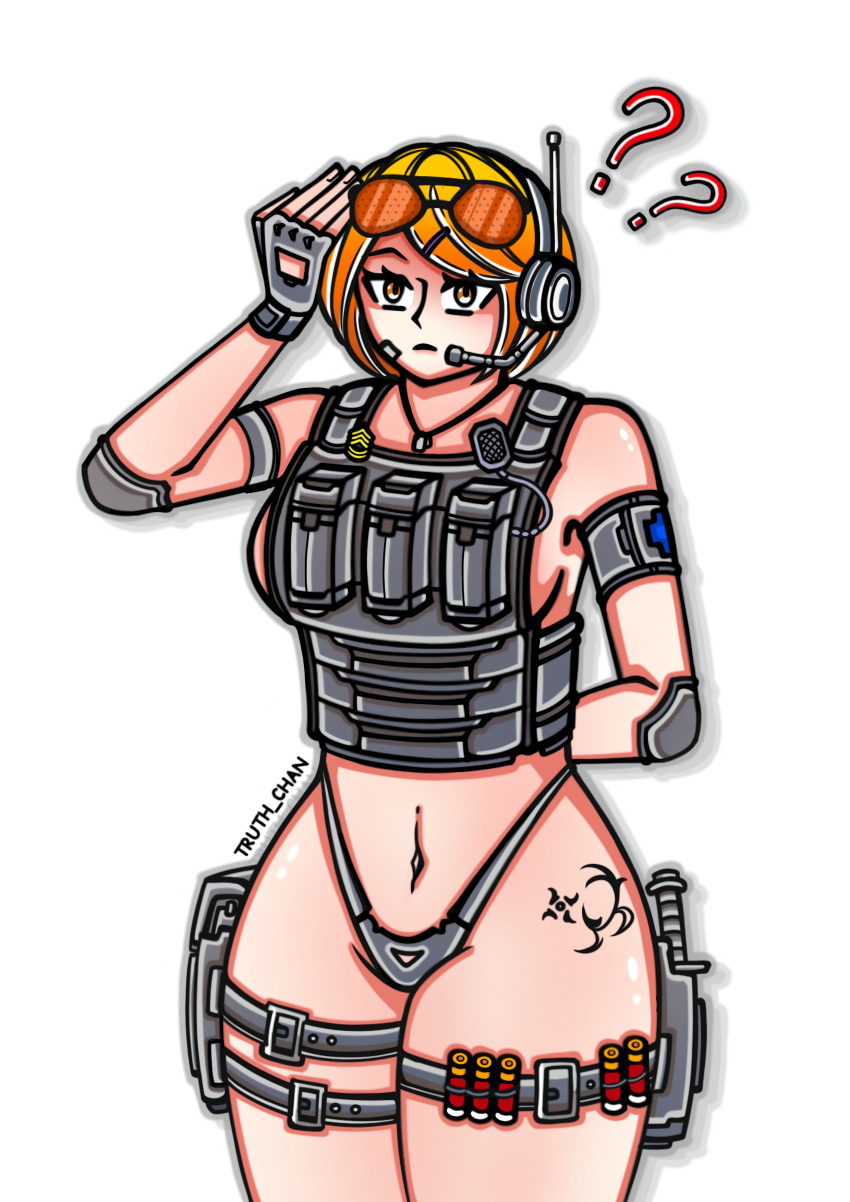 1girls armpits bandaid barely_clothed barely_covered barely_covered_breasts barely_covered_crotch belly belly_button bikini_armor blonde_hair braless breasts bulletproof_vest combat_knife confused confused_face confused_look confusion deejon dog_tags female female_only gloves gun headgear headphones holster knife light-skinned light-skinned_female light_skin medium_breasts military military_clothing military_jacket military_uniform natalie_rouge navel no_bra orange_eyes orange_hair panties salute sideboob soldier solo solo_female standing thick_ass thick_thighs third-party_edit walkie_talkie wide_hips