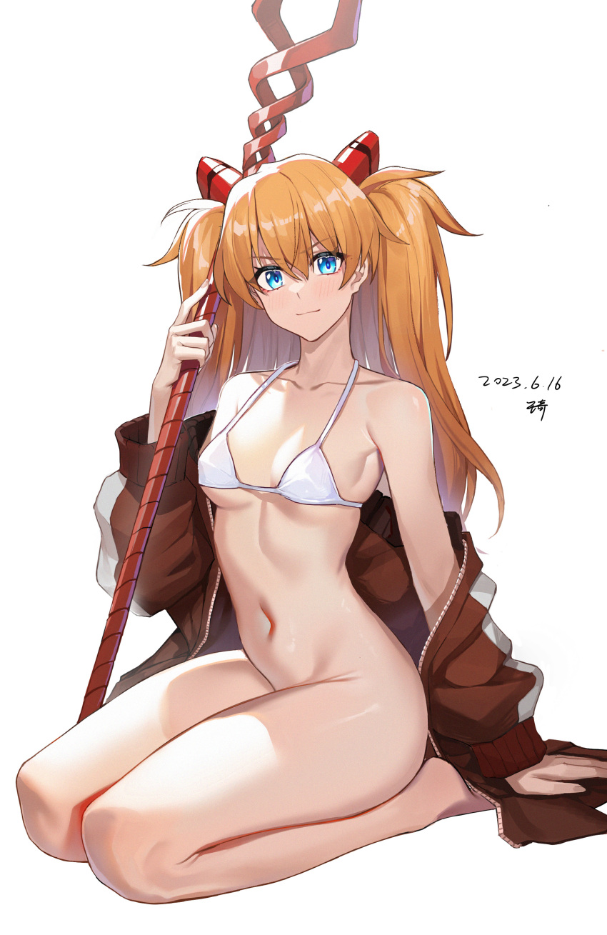 1girls absurdres arm_support asuka_langley_sohryu bare_legs barefoot bikini bikini_top_only blush bottomless breasts breasts_apart collarbone dated highres holding holding_polearm holding_weapon human jacket jacket_partially_removed lance_of_longinus light-skinned_female light_skin light_smile long_hair looking_at_viewer navel neon_genesis_evangelion no_panties orange_hair polearm seiza signature simple_background sitting small_breasts stomach swimsuit track_jacket two_side_up very_long_hair wangqi weapon white_background white_bikini wide_hips