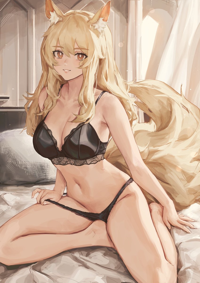 1girls animal_ears animal_tail arknights bare_shoulders barefoot belly big_breasts big_tail black_bra black_panties black_underwear blonde_hair bra breasts brown_eyes cleavage collarbone ear_fluff female female_only hairless_pussy highres indoors kemonomimi kneeling legs light-skinned_female light_blush lingerie long_hair looking_at_viewer nashidrop navel nearl_(arknights) on_bed panties panty_pull parted_lips pillow shaved_pussy sidelocks smile solo stomach tail waist yellow_eyes