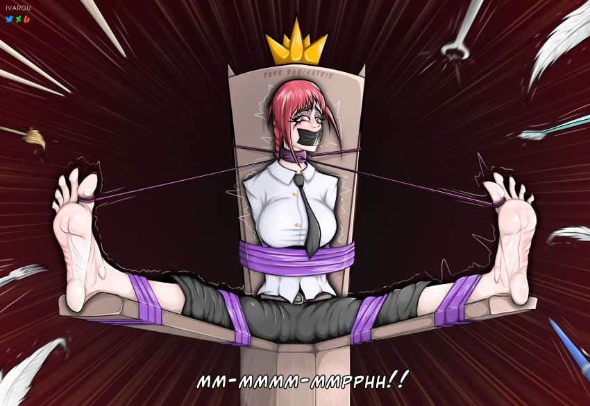 bondage chainsaw_man clothed clothing embarrassed feet female female_only foot_fetish gag humiliation ivarou makima_(chainsaw_man) orange_eyes red_hair tape_gag teasing text tickle_torture tickling tickling_feet toenail_polish toes