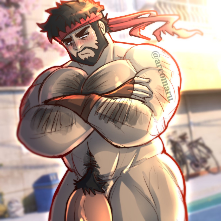 1boy arcomaru balls bara beard big_penis blush capcom crossed_arms facial_hair flaccid headwear male male_only muscles muscular nude penis ryu_(street_fighter) solo solo_male street_fighter