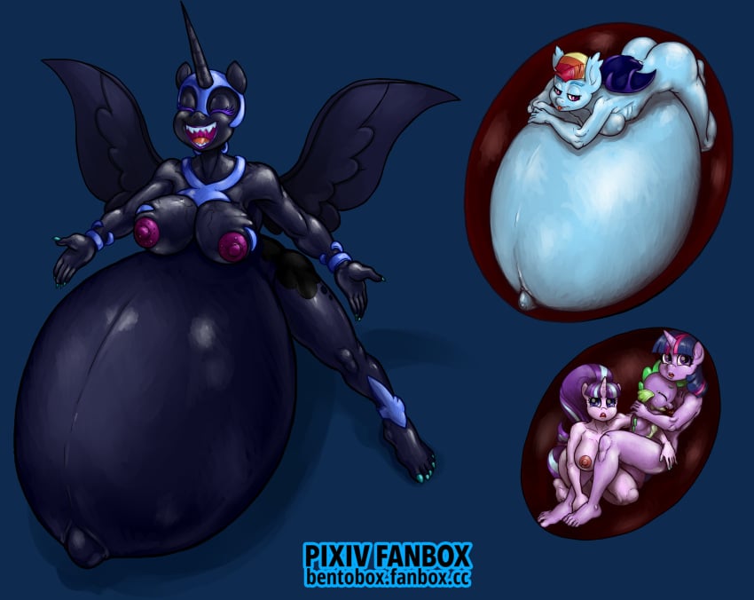 2021 alicorn anthro areola armor belly big_belly big_breasts blue_body blue_skin breasts digital_media_(artwork) dragon equid equine feet female friendship_is_magic hasbro helmet horn hyper_belly male mammal my_little_pony navel nightmare_moon_(mlp) nipples open_mouth open_smile pegasus pink_body pink_skin princess_luna_(mlp) purple_body purple_eyes purple_hair purple_skin rainbow_dash_(mlp) sharp_teeth smile smudge_proof spike_(mlp) spikes spread_wings starlight_glimmer teeth twilight_sparkle_(mlp) unicorn url veiny_breasts vore voreception wings