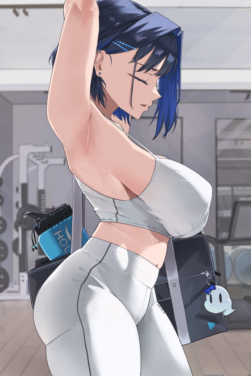 1girls archinoer armpits blue_eyes blue_hair breasts female hololive hololive_english hololive_english_-council- hololive_english_-promise- huge_breasts large_breasts light-skinned_female light_skin ouro_kronii short_hair sports_bra sportswear thick_thighs tight_clothing virtual_youtuber