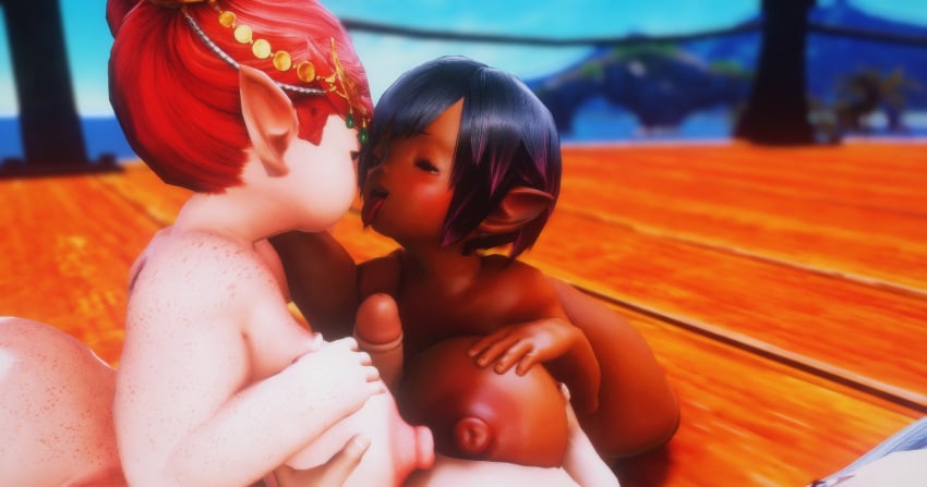 1boy 2girls 3d big_breasts big_nipples breast_grab breasts crystal_lalafell dark-skinned_female dark_skin exposed_breasts female femboy final_fantasy final_fantasy_xiv happy_sex lalafell light-skinned_male male momodi_modi multicolored_hair ruriri_ruri shortstack