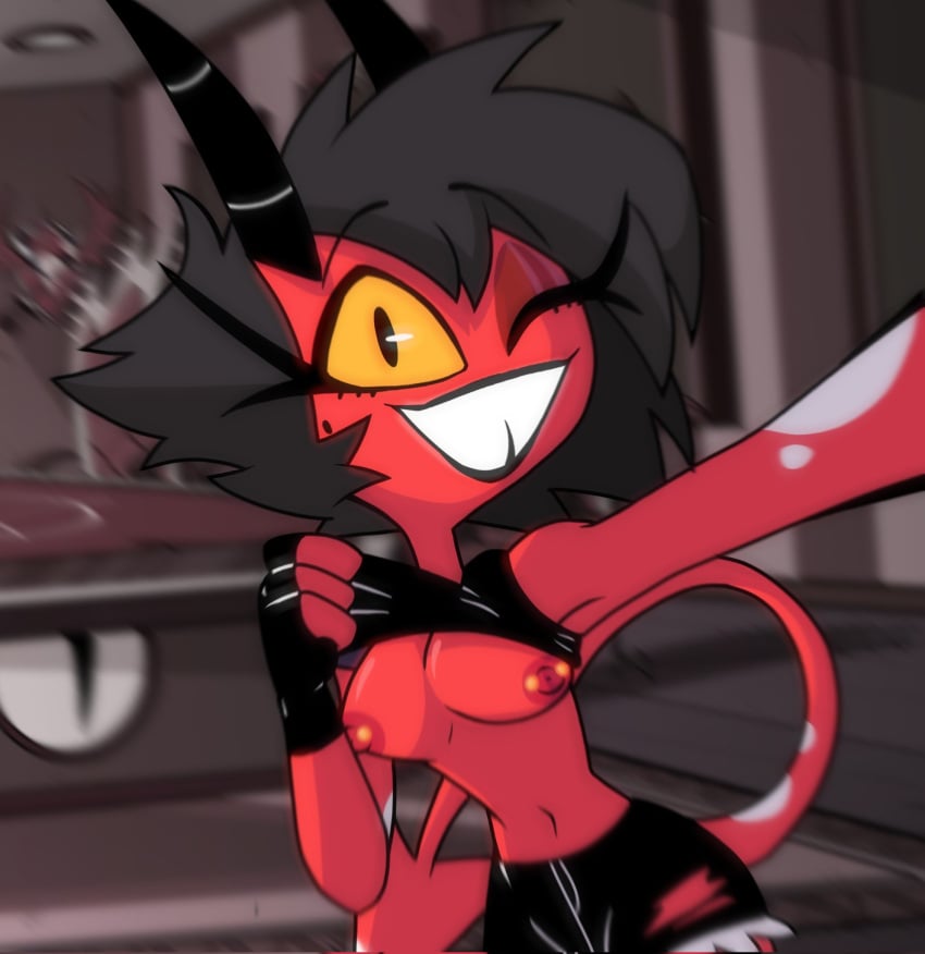 black_hair breasts clothed clothing demon demon_humanoid hair helluva_boss hi_res horn humanoid imp millie_(helluva_boss) nipple_piercing nipples one_eye_closed open_mouth open_smile partially_clothed piercing red_body simp_tale smile tail