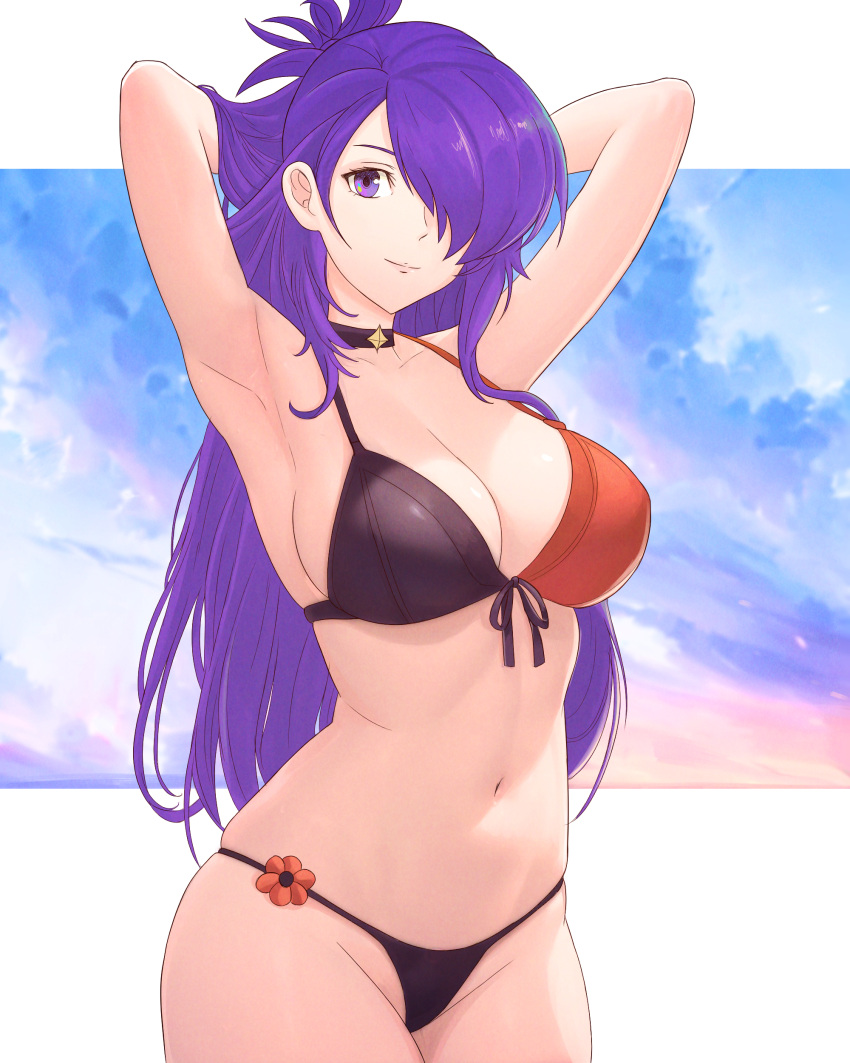 1girls absurdres alternate_costume armpits arms_up bikini black_bikini black_choker black_swimsuit blue_sky breasts choker cleavage commentary cowboy_shot day female female_only fire_emblem fire_emblem:_three_houses fire_emblem_warriors:_three_hopes front-tie_bikini_top front-tie_top groin half_updo highres long_hair looking_at_viewer medium_breasts navel nintendo orange_bikini outdoors purple_eyes purple_hair shez_(female)_(fire_emblem) shez_(fire_emblem) sky smile solo standing stomach swimsuit truejekart two-tone_bikini very_long_hair